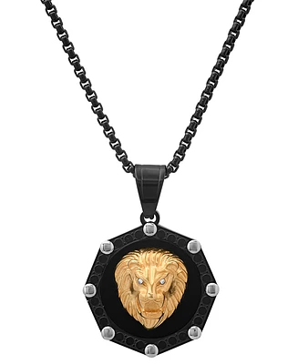 Steeltime Men's Two-Tone Stainless Steel Simulated Diamond Lion Head Greek Accent 24" Pendant Necklace