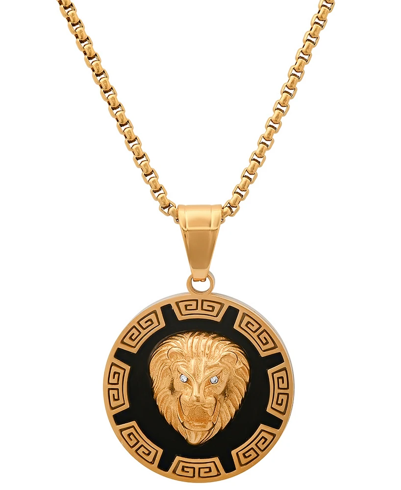 Steeltime Men's Two-Tone Stainless Steel Simulated Diamond Lion Head Greek Accent 24" Pendant Necklace