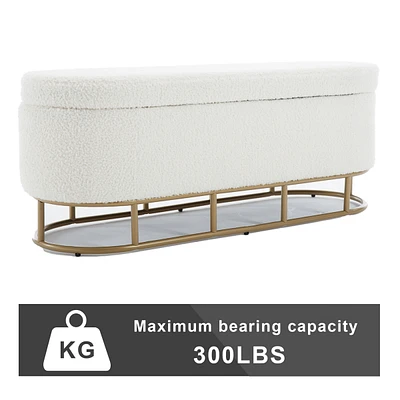 Simplie Fun Oval Storage Bench For Living Room Bedroom End Of Bed, Teddy Plush Upholstered Storage Ottoman Entryway Bench With Metal Legs, Cream
