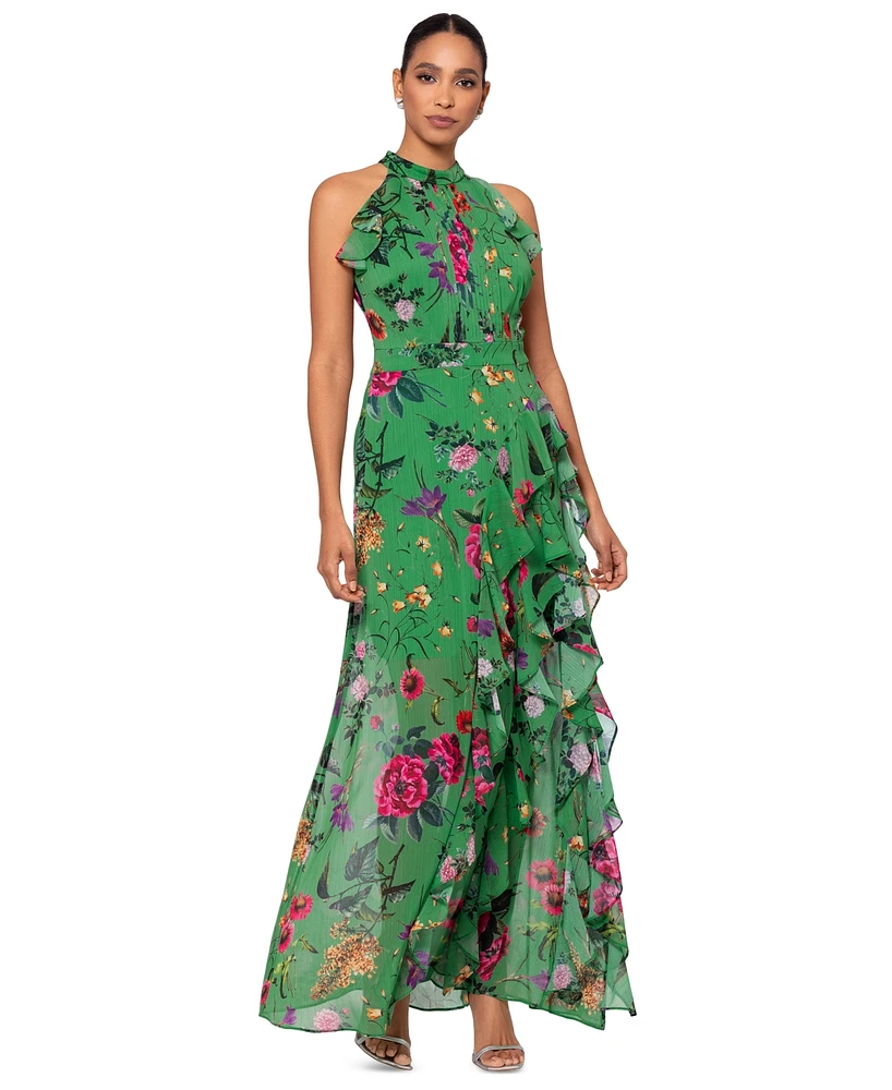 Betsy & Adam Petite Floral-Print Ruffled Halter Gown