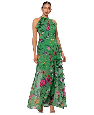 Betsy & Adam Petite Floral-Print Ruffled Halter Gown