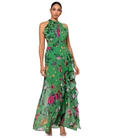 Betsy & Adam Petite Floral-Print Ruffled Halter Gown