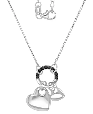 Black Spinel Double Heart & Ring Pendant Necklace (1/5 ct. t.w.) in Sterling Silver, 16" + 2" extender
