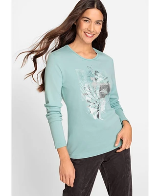 Olsen 100% Cotton Long Sleeve Embellished Placement Print T-Shirt
