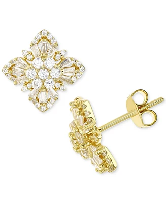 Cubic Zirconia Round & Baguette Square Cluster Stud Earrings in 14k Gold-Plated Sterling Silver