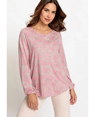 Olsen Women's Cotton Blend Long Sleeve Allover Print Keyhole Neckline T-Shirt