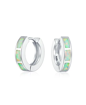 Created Opal Inlay Iridescent Huggie Hoop Earrings For Women .925 Sterling Silver October Birthstone