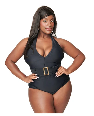 Plus Belted Halter One Piece Swimsuit