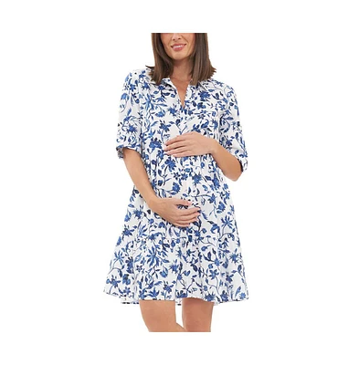 Ripe Maternity Bella Button Through Linen Dress White/Lapis