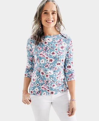 Style & Co Petite Printed Cotton Boat-Neck 3/4-Sleeve Top, Created for Macy's