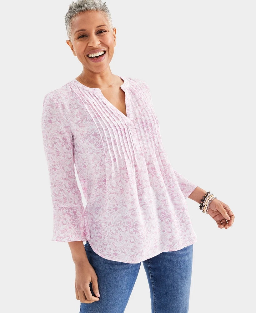 Style & Co Women's Printed Pintuck Ruffle-Sleeve Top, Created for Macy's