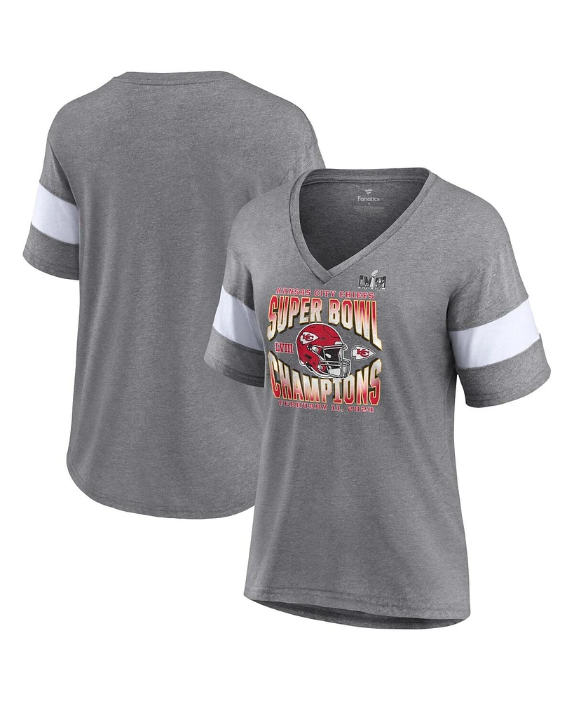 Women's Fanatics Heather Gray Kansas City Chiefs Super Bowl Lviii Champions Own the Moment Tri-Blend V-Neck T-shirt