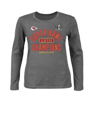 Women's Fanatics Heather Charcoal Kansas City Chiefs Super Bowl Lviii Champions Plus Under the Lights Long Sleeve T-shirt