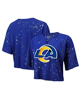 Women's Majestic Threads Royal Distressed Los Angeles Rams Bleach Splatter Notch Neck Crop T-shirt