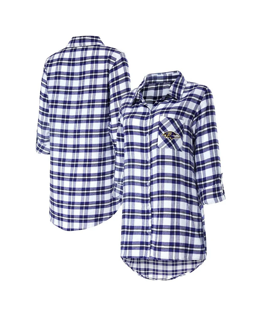 Women's Concepts Sport Purple Baltimore Ravens Sienna Plaid Full-Button Long Sleeve Nightshirt