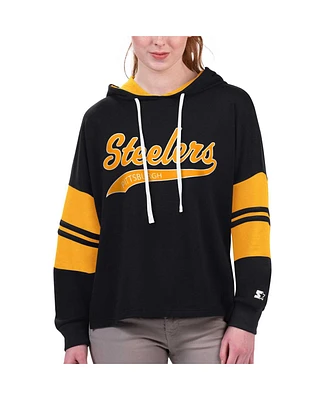 Women's Starter Black Pittsburgh Steelers Bump And Run Long Sleeve Hoodie T-shirt