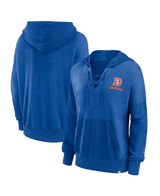 Women's Fanatics Royal Distressed Denver Broncos Heritage Snow Wash French Terry Lace-Up Pullover Hoodie