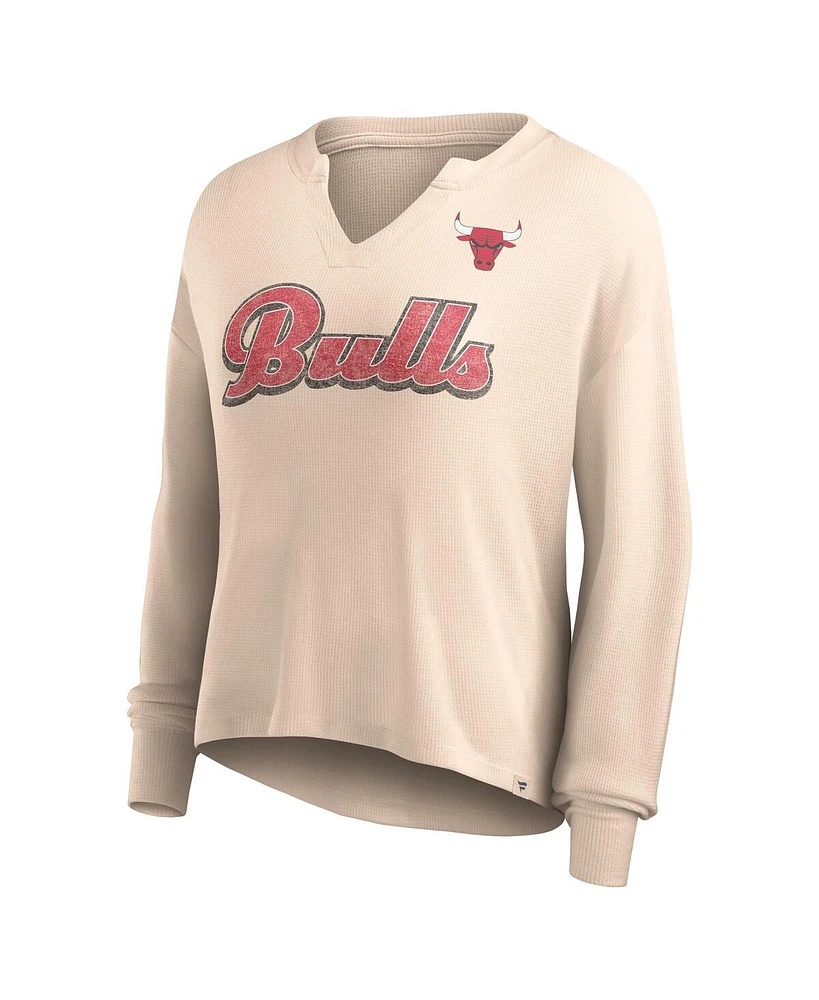 Women's Fanatics Tan Distressed Chicago Bulls Go For It Long Sleeve Notch Neck T-shirt