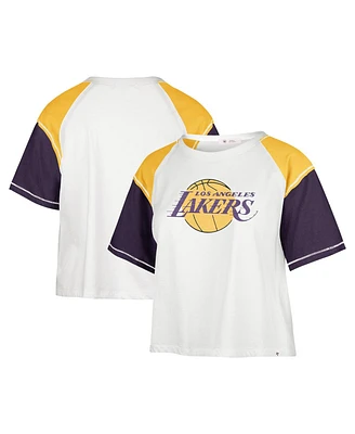 Women's '47 Brand Cream Distressed Los Angeles Lakers Premier Raglan Cropped T-shirt