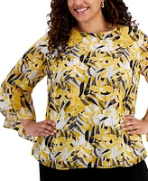 Kasper Plus Size Printed Ruffled 3/4-Sleeve Top