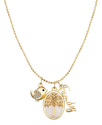 Unwritten Cubic Zirconia Bird, Mother of Pearl Tree, 14K Gold Plated Family Pendant Necklace