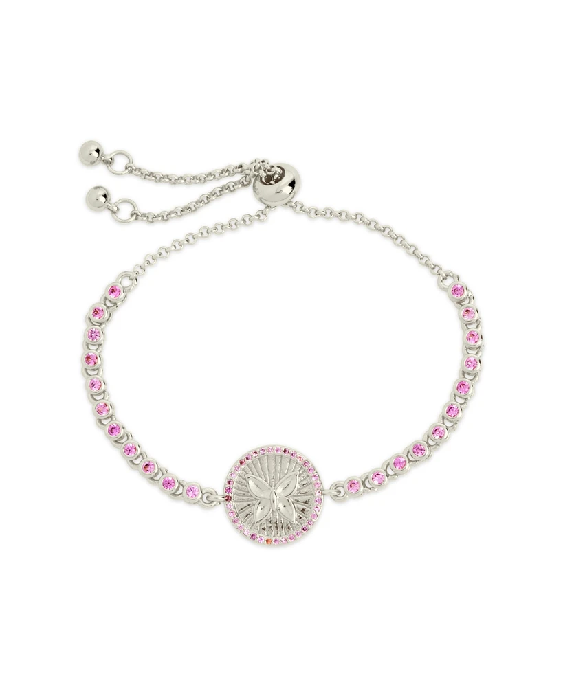 Sterling Forever Silver-Tone or Gold-Tone Pink Cubic Zirconia Butterfly Bindi Bolo Bracelet