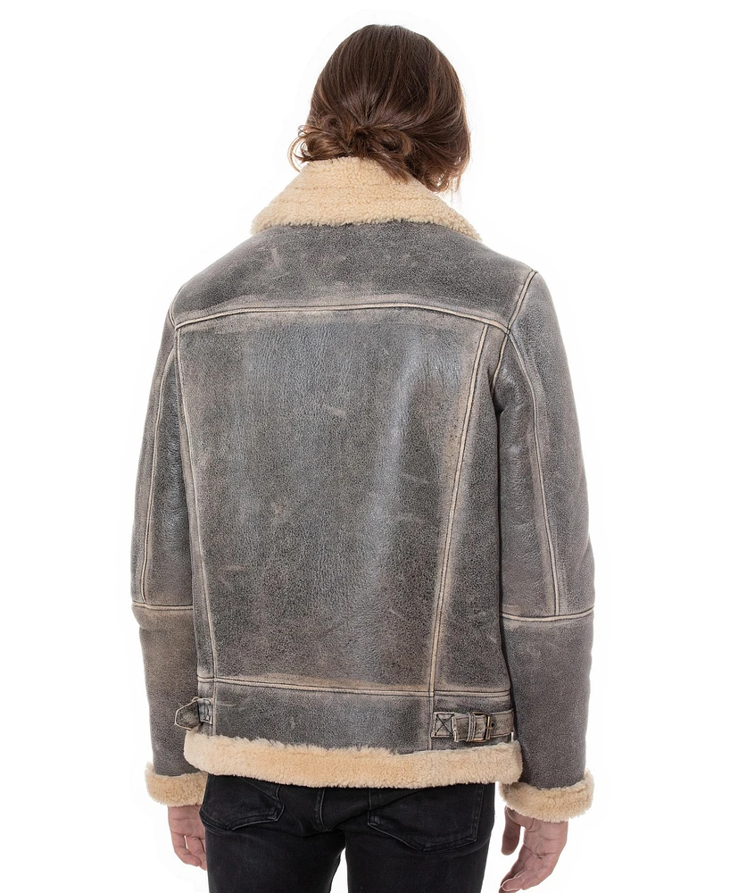 Furniq Uk Men's Aviator Jacket, Distressed Grey with Beige Curly Wool