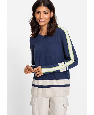 Olsen Long Sleeve Block Stripe Pullover Sweater