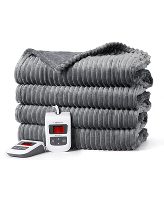 Queen Size Ribbed Stripe Flannel Electric Heated Blanket with Dual Control, 84" x 90"
