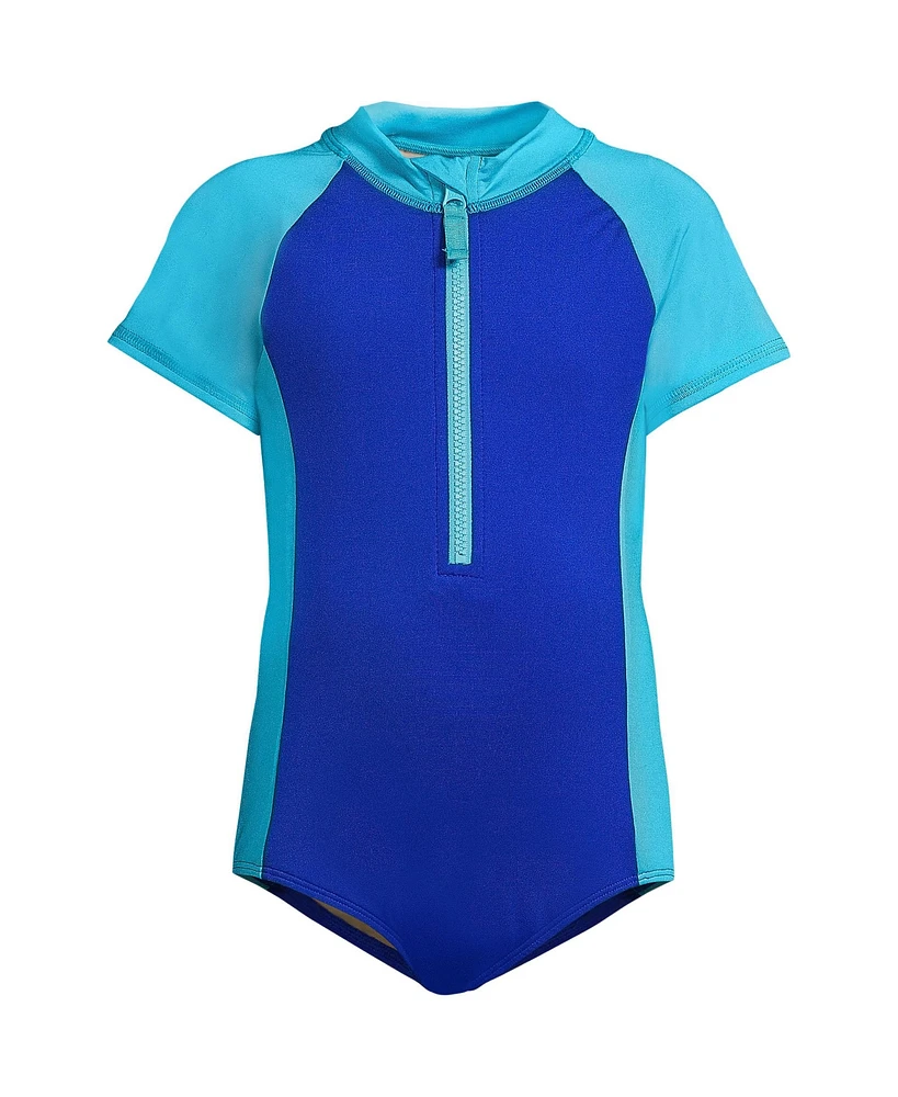 Lands' End Girls Chlorine Resistant Short Sleeve One Piece Half Zip Swimsuit