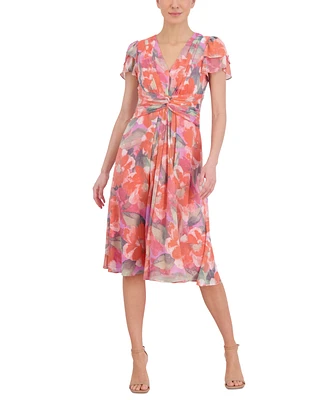 Jessica Howard Petite Printed Chiffon Twist-Front Midi Dress
