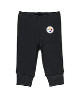 Baby Boys and Girls Wear by Erin Andrews Gray, Black, White Pittsburgh Steelers Three-Piece Turn Me Around Bodysuits and Pant Set