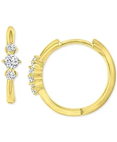 Cubic Zirconia Three Stone Small Hoop Earrings in 14k Gold-Plated Sterling Silver, 0.63"