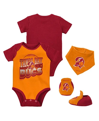 Baby Boys and Girls Mitchell & Ness Orange, Red Tampa Bay Buccaneers Throwback Big Score Bodysuit, Bib Bootie Set