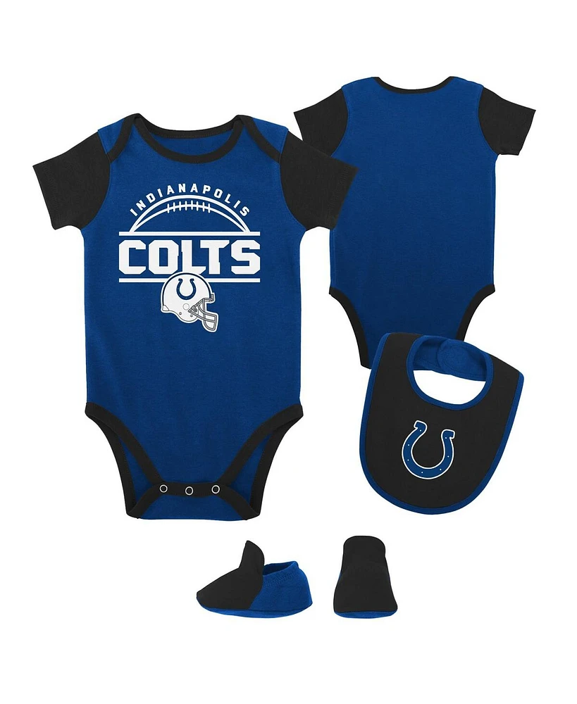 Baby Boys and Girls Royal, Black Indianapolis Colts Home Field Advantage Three-Piece Bodysuit, Bib Booties Set