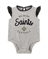 Baby Boys and Girls Heather Gray, Black New Orleans Saints All Dolled Up Three-Piece Bodysuit, Skirt Booties Set