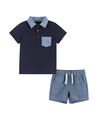 Infant Boys Navy and Chambray Polo Shirt Shorts Set