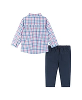 Andy & Evan Baby Boys White and Navy Plaid Button down Shirt Pants Set