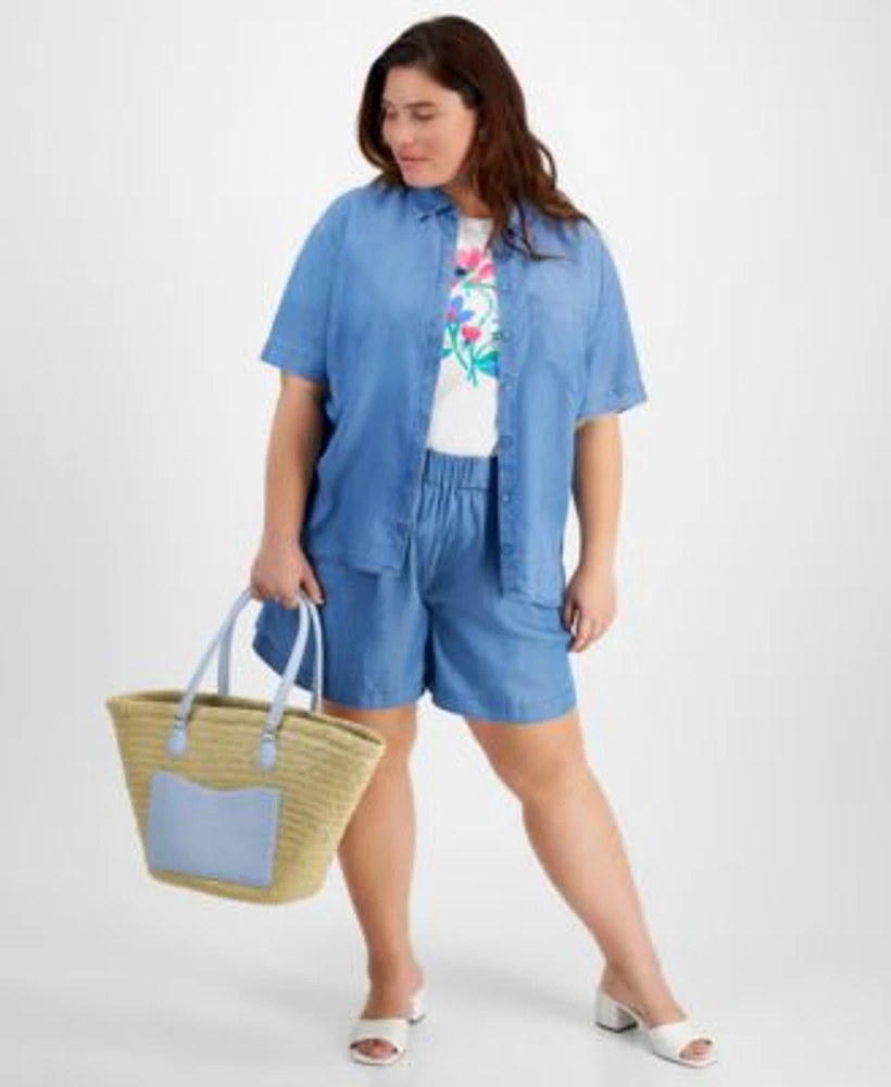 On 34th Trendy Plus Size Short Sleeve Shirt Graphic T Shirt Pull On Shorts Straw Tote Isabellaa Hoop Earrings Created For Macys