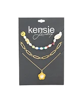 kensie Multi 3 Piece Mixed Beaded and Chain Necklace Set with Flower Charm Pendant