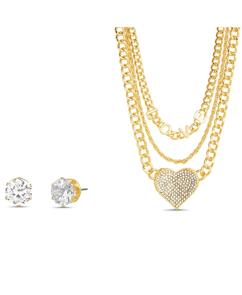 kensie Gold-Tone 3-Row Necklace with Love Letter Charms and Heart Pendant with Round Cz Earrings Set