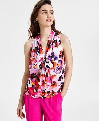 Bar Iii Women's Floral-Print Sleeveless Tie-Neck Top, Created for Macy's