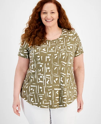 Jm Collection Plus Geo Etch Short-Sleeve Top, Created for Macy's