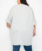 Coin 1804 Plus Textured Jacquard Stripe Rolled Sleeve Pocket Kimono Top