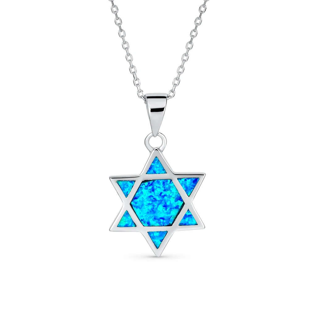 Bling Jewelry Hanukkah Magen Judaic Blue Created Synthetic Opal Inlay Star Of David Pendant Necklace For Bat Mitzvah Women Sterling Silver