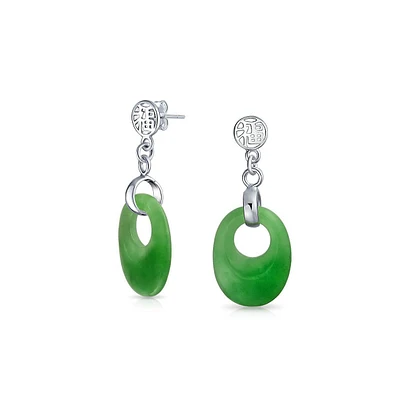 Dyed Green Jade Asian Style Chinese Good Fortune Cut Out Circle Round Dangle Earrings For Women.925 Sterling Silver