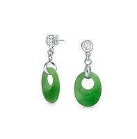 Dyed Green Jade Asian Style Chinese Good Fortune Cut Out Circle Round Dangle Earrings For Women.925 Sterling Silver