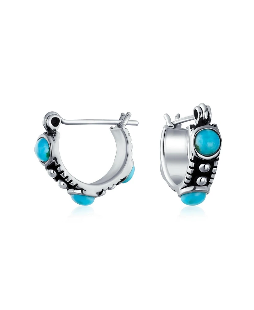 Bling Jewelry Bali South Western Blue Natural Stabilized Turquoise Bead Small Huggie Hoop Earrings For Women Sterling Silver