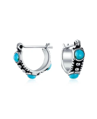 Bali South Western Blue Stabilized Turquoise Bead Small Huggie Hoop Earrings For Women Teen.925 Sterling Silver