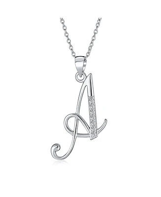Abc Cubic Zirconia Pave Cz Cursive Script Letter Alphabet Initial A Pendant Necklace For Women Sterling Silver